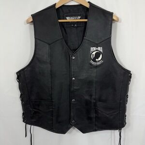 Bikers Club Black Leather Vest XL POW MIA Patch Side Lace Motorcycle Cruiser USA